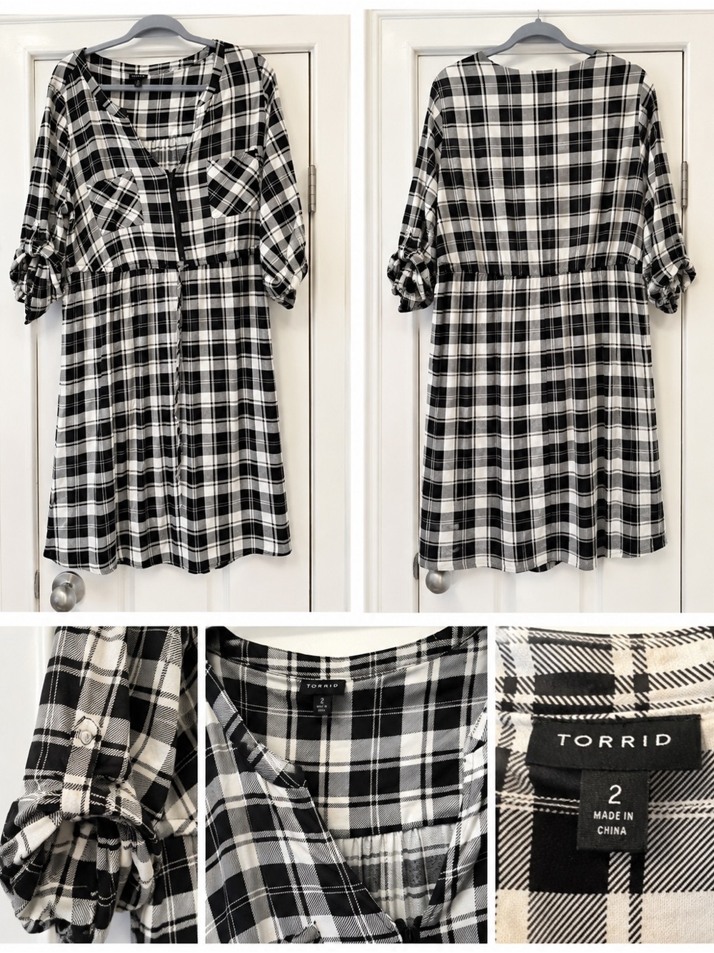 Torrid Size 2 Black & White Plaid Shirt Dress Roll Tab Sleeves Plus Size